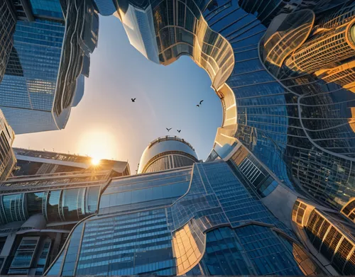 macroperspective,futuristic architecture,glass sphere,panoramical,360 ° panorama,parallel worlds,shard of glass,lens reflection,spherical image,parabolic mirror,roof domes,lensball,skycraper,vertigo,b