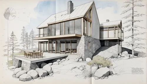 this is an image of a drawing of a house,esherick,snow house,adolfsson,snohetta,timber house,mountain hut,Unique,Design,Blueprint