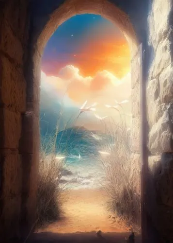 an archway looking out into the ocean at sunset,heaven gate,windows wallpaper,the door,alfheim,greek island door,doorway,Illustration,Realistic Fantasy,Realistic Fantasy 01