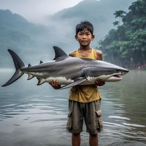 Create a burmese boy, he was holding a big shark . In the lake, rainny and fog.,chinese sturgeon,southeast asia,thunnus,pacific sturgeon,vietnam,big-game fishing,fisherman,river of life project,mekong