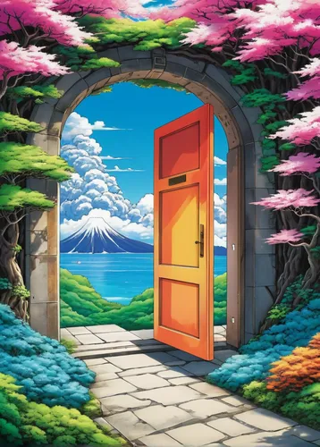 fairy door,the door,open door,garden door,door,home door,wooden door,entry forbidden,cartoon video game background,doorway,doors,the threshold of the house,in the door,steel door,keyhole,studio ghibli,portal,iron door,heaven gate,metallic door,Illustration,Japanese style,Japanese Style 04