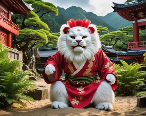 a majestic samurai roams the ancient Japanese enchanted land, surrounded by towering stone walls and towering lions. Its white fur is deep red with white stripes, and its large eyes fixate on a small 