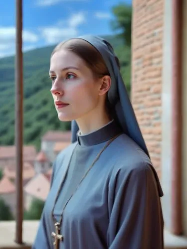 Hildegard, the day before her consecration as a nun in the idyllic monastery of Bingen, with a thoughtful look on her face as she prepares for the next step on her spiritual path.,a woman in grey outf