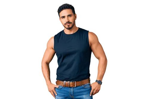 Latin man, mature, muscular, solo, (30yo), short black hair, thick beard, mustache, bright brown eyes, golden skin tone, sleeveless shirt, ripped jeans, leather belt, silver watch, confident posture, 