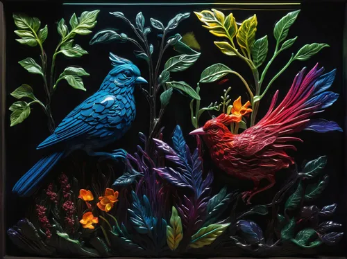 Depict a mysterious and secretive exchange of messages in a private Slack channel.,floral and bird frame,colorful birds,tropical birds,bird painting,guacamaya,glass painting,birds blue cut glass,parro