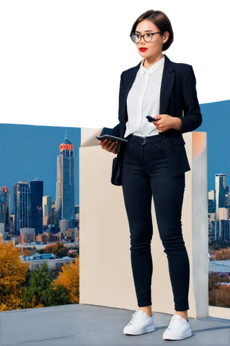 Young woman, digital marketer, solo, (25yo), stylish short hair, trendy glasses, red lipstick, white shirt, black blazer, high-waisted jeans, sneakers, holding tablet, standing in front of a city skyl