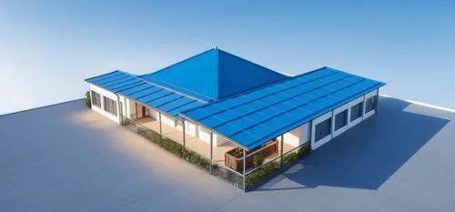 A simple design on second floor with district background, the blue roof still has blue color but old,prefabricated buildings,3d rendering,house roof,folding roof,cubic house,solar photovoltaic,sketchu