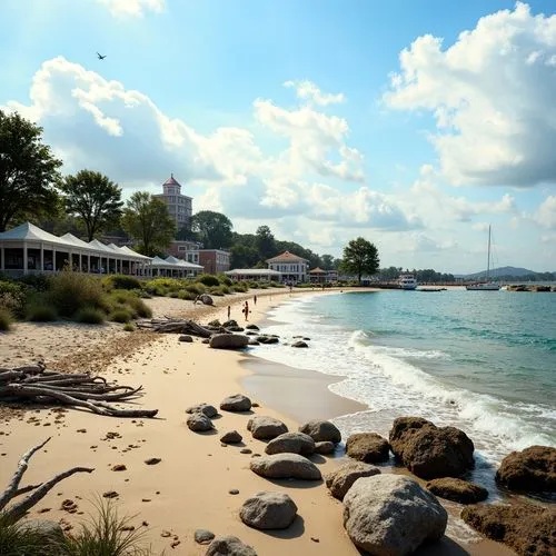 Sandy beach, rocky shores, ocean waves, sea spray, driftwood, nautical ropes, weathered piers, coastal vegetation, salt-tolerant plants, beachside promenade, seaside restaurants, surf shacks, lifeguar