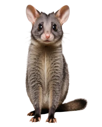 possum, nocturnal animal, grey fur, pointed snout, large eyes, bushy tail, standing upright, paws together, calm expression, soft focus, warm lighting, shallow depth of field, natural habitat, earth t