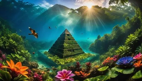 fantasy picture,nature background,nature wallpaper,pyramids,underwater oasis,underwater landscape,Photography,Artistic Photography,Artistic Photography 01