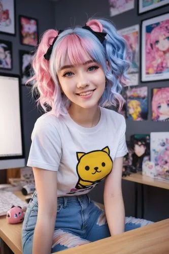 kawaii panda emoji,kawaii panda,kawaii,pink background,cute,kawaii girl,phuquy,japanese kawaii,desk,pi mai,pink hair,anime girl,kawaii pig,tee,harajuku,pekapoo,adorable,edit,hong,hk,Illustration,Realistic Fantasy,Realistic Fantasy 05