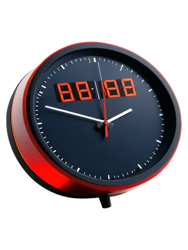 Alarm clock, alert sound, metallic body, digital display, red glowing numbers, circular shape, flat top, rounded edges, morning light, soft focus, shallow depth of field, 3/4 composition, warm color t