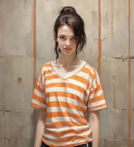 portrait of a girl,girl in t-shirt,horizontal stripes,striped background,clementine,burglary,orange,isolated t-shirt,young woman,photo session in torn clothes,mime artist,girl portrait,orange color,striped,mime,orange half,stripes,art model,portrait background,girl in overalls,Digital Art,Comic