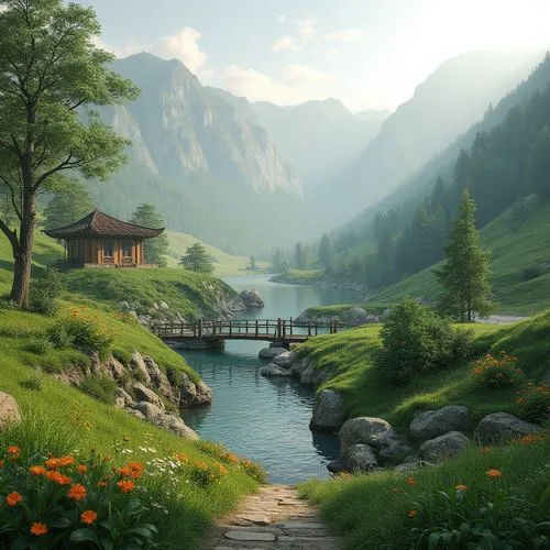 landscape background,home landscape,fantasy landscape,alpine landscape,beautiful landscape,meadow landscape,mountain landscape,house in mountains,nature landscape,house with lake,mountain scene,green landscape,house in the mountains,world digital painting,idyllic,summer cottage,salt meadow landscape,nature background,seclude,nature wallpaper,Photography,General,Realistic