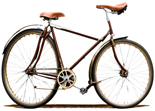 Vintage bicycle, shiny metal frame, brown leather saddle, intricate gears, thin wheels, rusty chain, worn-out pedals, morning sunlight, soft focus, 3/4 composition, warm color tone, shallow depth of f