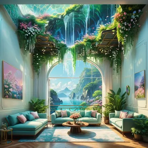 dandelion hall,aquarium decor,3d fantasy,fantasy landscape,fairy world,fantasy picture,tropical house,3d background,fractal environment,cartoon video game background,conservatory,garden of eden,tropical bloom,fantasy world,ornate room,musical background,children's room,great room,tropical jungle,beautiful home,Photography,General,Fantasy