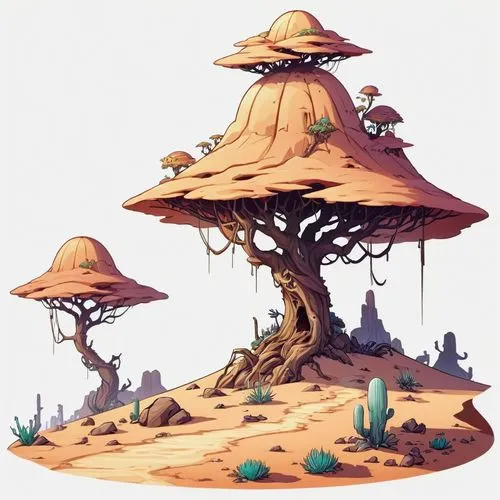 mushroom island,mushroom landscape,tree mushroom,toadstools,baobabs,zoombinis,Illustration,Abstract Fantasy,Abstract Fantasy 11