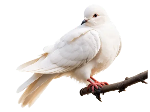 white dove, solo, perched on a branch, pure white feathers, soft gentle eyes, small beak, delicate legs, wings spread wide, morning sunlight, warm glow, 3/4 composition, shallow depth of field, cinema