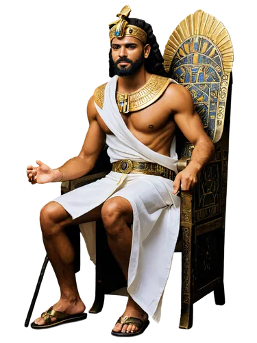 Ancient Egyptian Pharaoh, majestic, golden headdress, thick beard, regal posture, ornate collar, white linen robe, golden sandals, staff in hand, powerful chest, muscular arms, solemn facial expressio