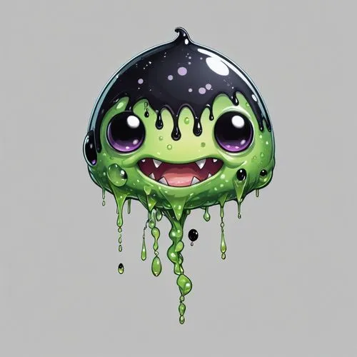 2d front sprite of a slimy and black colored gumdrop, transparent background,a green and black creature with green eyes, dripping from a drip,haro,slime,goopy,gooey,popcap,puni,Illustration,Abstract F