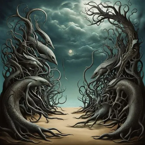 ghost forest,the roots of trees,halloween bare trees,celtic tree,crooked forest,gnarled,tree and roots,creepy tree,tendrils,rooted,the branches of the tree,tree of life,tree thoughtless,magic tree,uprooted,roots,flotsam and jetsam,nine-tailed,tree grove,maelstrom,Illustration,Black and White,Black and White 07