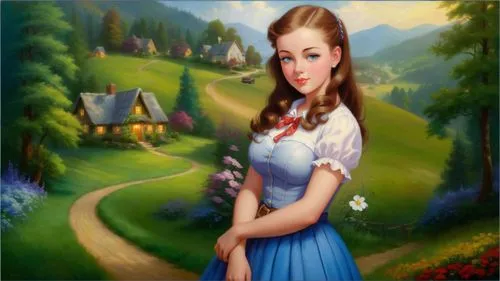 Romantic masterpiece oil painting, cute girl portrait, nostalgic 1950's style kitsch, rolling hills landscape, lush forest village scenery, by Thomas Kinkade, by Bob Ross,dorothy,dirndl,dorthy,fraulei