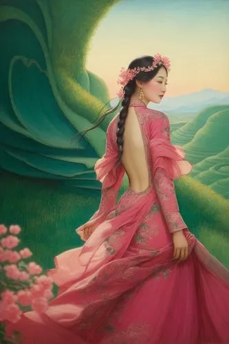 an elegant asian lady, wearing a deep pink cherry backless flowy dress, the background of beautiful deep emerald terraced fields,this painting depicts a woman in a pink dress looking over a garden,del