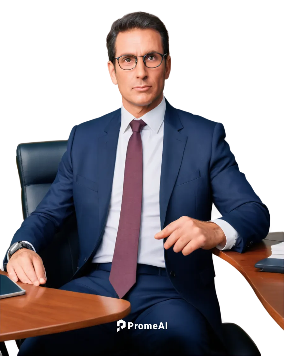 wooden boardroom table, leather chairs, corporate meeting, suited businessman, confident pose, mature adult male, short hair, glasses, tie, white shirt, dark suit, serious facial expression, overhead 