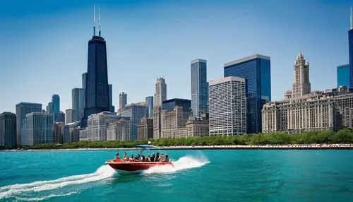 Chicago cityscape, Lake Michigan waterfront, daytime, sunny weather, clear blue sky, architectural landmarks, Willis Tower, John Hancock Center, Navy Pier, boat tour, speedboat, passengers on board, l