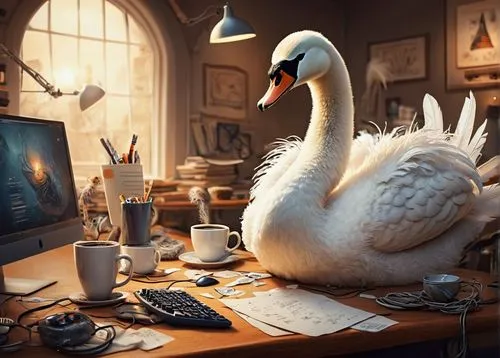 Swan, Reddit alien, cute cartoonish, white feathers, orange beak, big round eyes, gentle smile, sitting, computer desk, multiple monitors, keyboard, mouse, messy cables, papers scattered, coffee cup, 