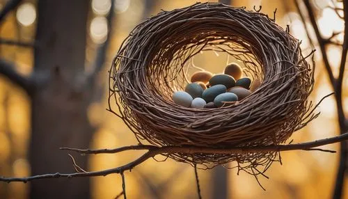 Modern nest architecture, intricate twig structure, cozy interior, soft feathers, natural material, earthy tone, forest surroundings, sunny afternoon, warm lighting, 3/4 composition, close-up shot, bl