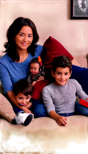 Family portrait, domestic scene, warm atmosphere, wooden frame, 3/4 composition, soft focus, gentle lighting, mother (30s), father (35s), two kids (6yo, 8yo), casual clothes, natural makeup, messy hai