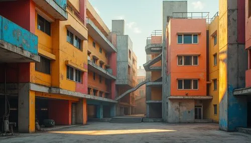 Vibrant dormitory building, constructivist architecture, geometric shapes, bold color blocks, abstract patterns, irregular forms, dynamic angles, cantilevered structures, asymmetrical compositions, in