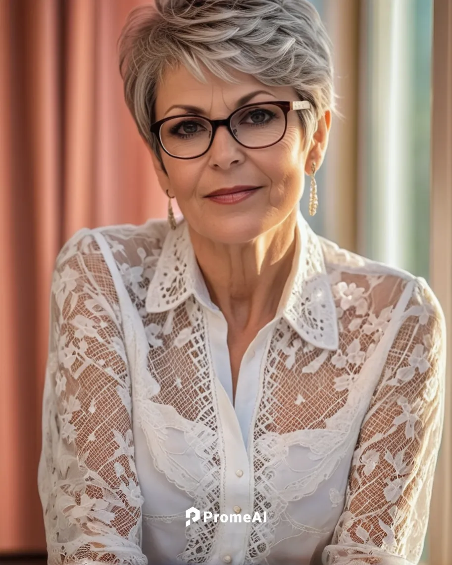 A beautyful 50yo woman with glasses in a lace blouse,silver framed glasses,reading glasses,lace round frames,portrait of christi,silver fox,carol m highsmith,rhonda rauzi,carol colman,susanne pleshett