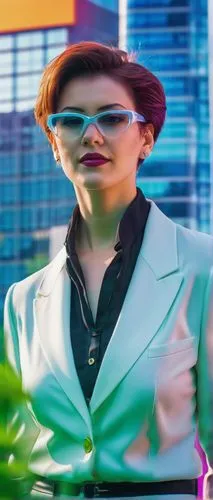 Architectural designer, mature lady, 30s, stylish glasses, short brown hair, professional attire, black blazer, white shirt, fitted trousers, heels, confident pose, standing in front of a modern skysc