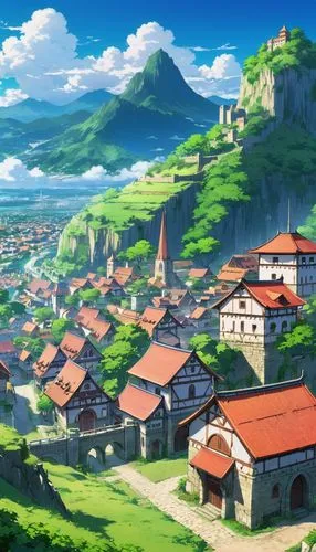 meteora,machico,mountain village,yazaki,butka,kanto,ancient city,landscape background,ghibli,seborga,yoshikuni,pokaski,studio ghibli,mountain settlement,prefecture,yamada's rice fields,rikkyo,tianxia,alpine village,japan landscape,Illustration,Japanese style,Japanese Style 03