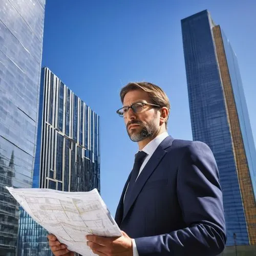 Middle-aged male architect, serious expression, glasses, short brown hair, beard, formal wear, white shirt, black tie, dark blue suit, holding a blueprint, standing in front of a modern skyscraper, ur