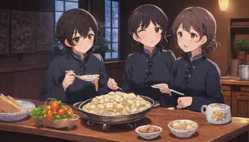 Write a funny dialogue between two friends trying to come up with a creative recipe using a layer of nougat.,cooking show,kettle corn,feast noodles,special fried rice,izakaya,cooking vegetables,teppan