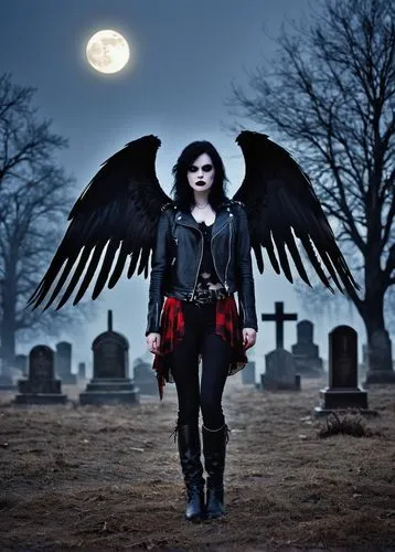 dark wings, black hair, red eyes, pale skin, gothic makeup, black leather jacket, ripped jeans, boots, cemetery, full moon, misty atmosphere, backlight, cinematic composition, HDR, Dark Fantasy.

Ligh