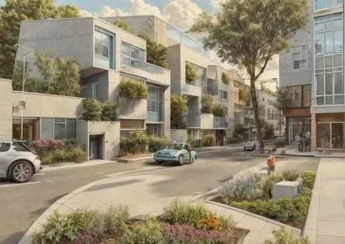 Generate a modern parking bulding  with a green facade, a car is just driving in, in the right corner is green and shrubs and tree,new housing development,palo alto,hoboken condos for sale,urban desig