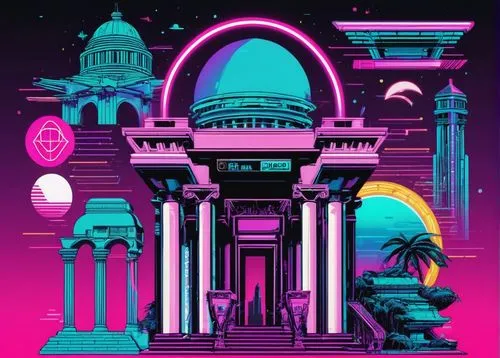 80's design,pink city,temples,pillars,pink vector,retro background,xanadu,legian,columns,abstract retro,vector illustration,digitalism,vector design,palace,vector art,paradiso,mexico city,metropolis,ppm,polara,Conceptual Art,Sci-Fi,Sci-Fi 28