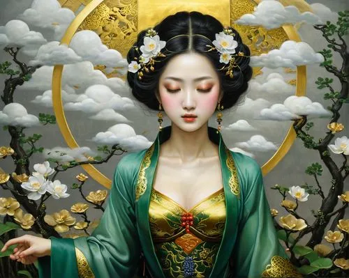 oriental princess,chinese art,oriental painting,oriental girl,geisha girl,geisha,jasmine blossom,oriental,peking opera,sacred lotus,japanese art,taiwanese opera,dongfang meiren,golden lotus flowers,lotus blossom,baroque angel,yi sun sin,priestess,asian woman,orientalism,Illustration,Realistic Fantasy,Realistic Fantasy 08