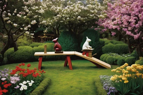 Imagine a peaceful setting of a teeter-totter in a serene garden, surrounded by blooming flowers.,garden bench,garden pipe,garden swing,garden-fox tail,vegetables landscape,garden sculpture,tulip fiel