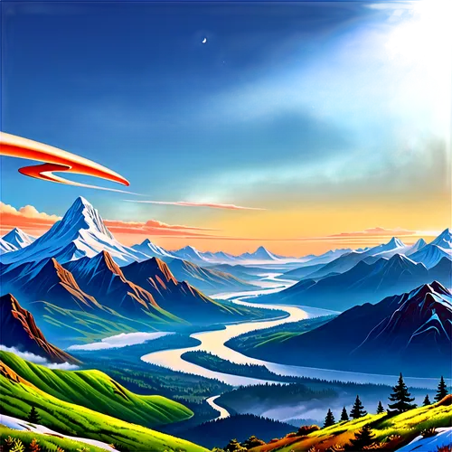 alpine landscape,mountain scene,mountain landscape,fjord landscape,futuristic landscape,mountainous landscape,salt meadow landscape,alpine panorama,landscape background,mountains,paisaje,high alps,mountain world,mountain range,mountain and sea,mountain plateau,mountain sunrise,panoramic landscape,mountain slope,high mountains,Illustration,Retro,Retro 12