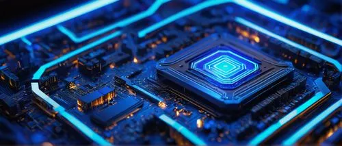 Futuristic superscalar architecture, complex CPU design, metallic silver body, glowing blue circuits, intricate details, angular lines, sleek futuristic shape, illuminated motherboard, neon lights ref