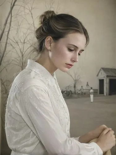 Crying woman in profile. Tears are flowing.,a woman wearing a white dress leaning against a wall,leighton,pemberley,gwtw,girl in a historic way,habanera,lughnasa,Photography,Black and white photograph