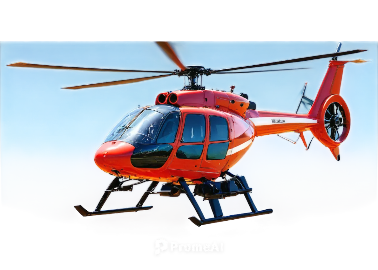 Helicopter, aerial vehicle, rotor blades spinning, metallic body, cockpit windows, pilot seat, control stick, instrumental panel, landing skids, tail rotor, dynamic movement, flying pose, blue sky bac