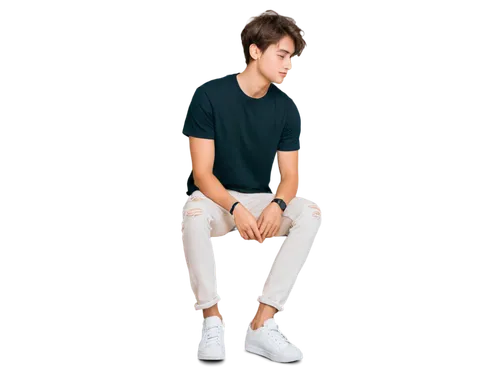 Casual young adult, image consumer, solo, (20yo), relaxed posture, messy brown hair, casual wear, plain white T-shirt, ripped jeans, sneakers, smartphone in hand, scrolling through social media, soft 