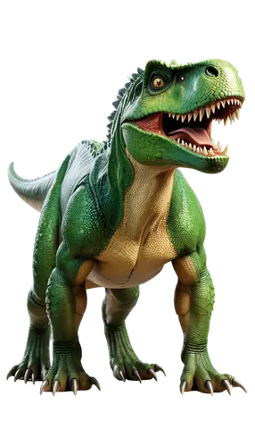 T-Rex, green scaly skin, sharp teeth, powerful legs, claws on feet, angry facial expression, solo, prehistoric era, warm color tone, cinematic lighting, close-up shot, shallow depth of field, HDR, pan