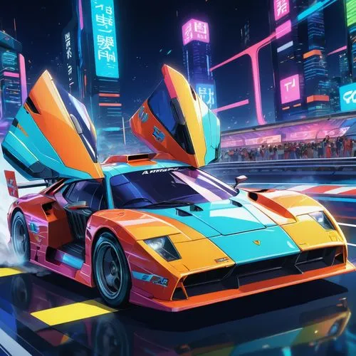 3d car wallpaper,game car,neon arrows,elektrocar,zonda,80's design,vector,corvette,racer,cartoon car,racing road,racing machine,race car,autotron,automobile racer,agt,manta,volt,sports car,lambo,Illustration,Japanese style,Japanese Style 03